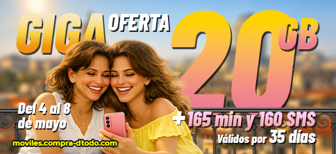 Gana 20 GB, 165 minutos y 160 sms válidos por 35 dias